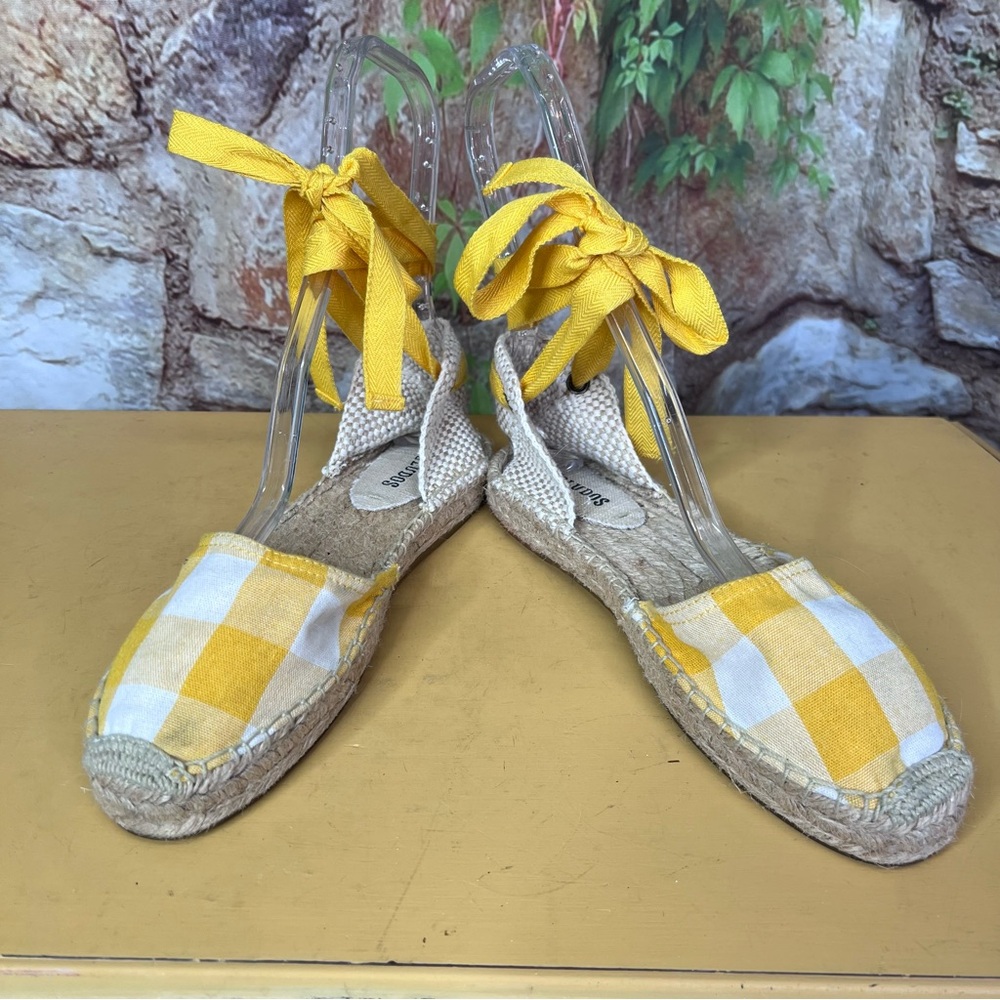 SOLUDOS Nautical Yellow/White Buffalo Check Lace-Up Espadrille Sandals, 7.5/38 - Picture 5 of 11